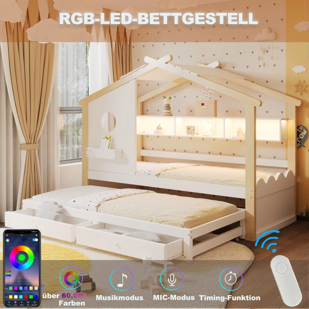 Letto 90200 bianco+legno letto extra 90190 design della casa cassetti USB+Type-C+LED mensole
