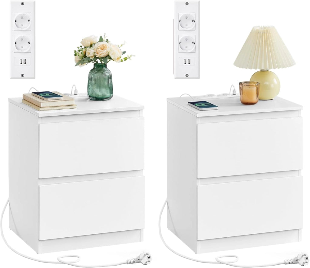 VASAGLE KAILYN Collezione - Comodini con Ciabatta Elettrica, Set di 2 Tavolini, 2 Cassetti, 2 Prese AC, 2 Porte USB-A, Soggiorno Camera da Letto, Moderno, Nero Ebano LET821B02
