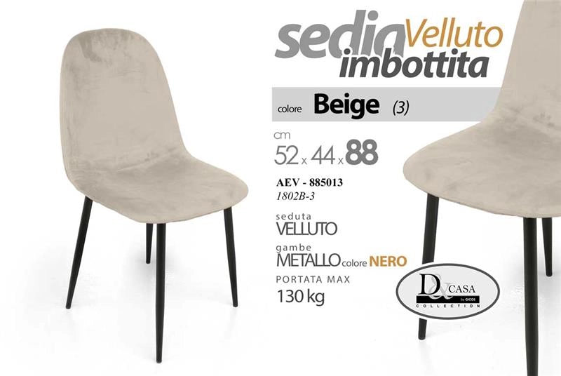 SEDIA BEIGE IMBOTTITA IN VELLUTO STRUTTURA IN METALLO GAMBE NERE PORTATA MASSIMA 130 KG ELEGANTE E D'ARREDO 52X44X88 CM