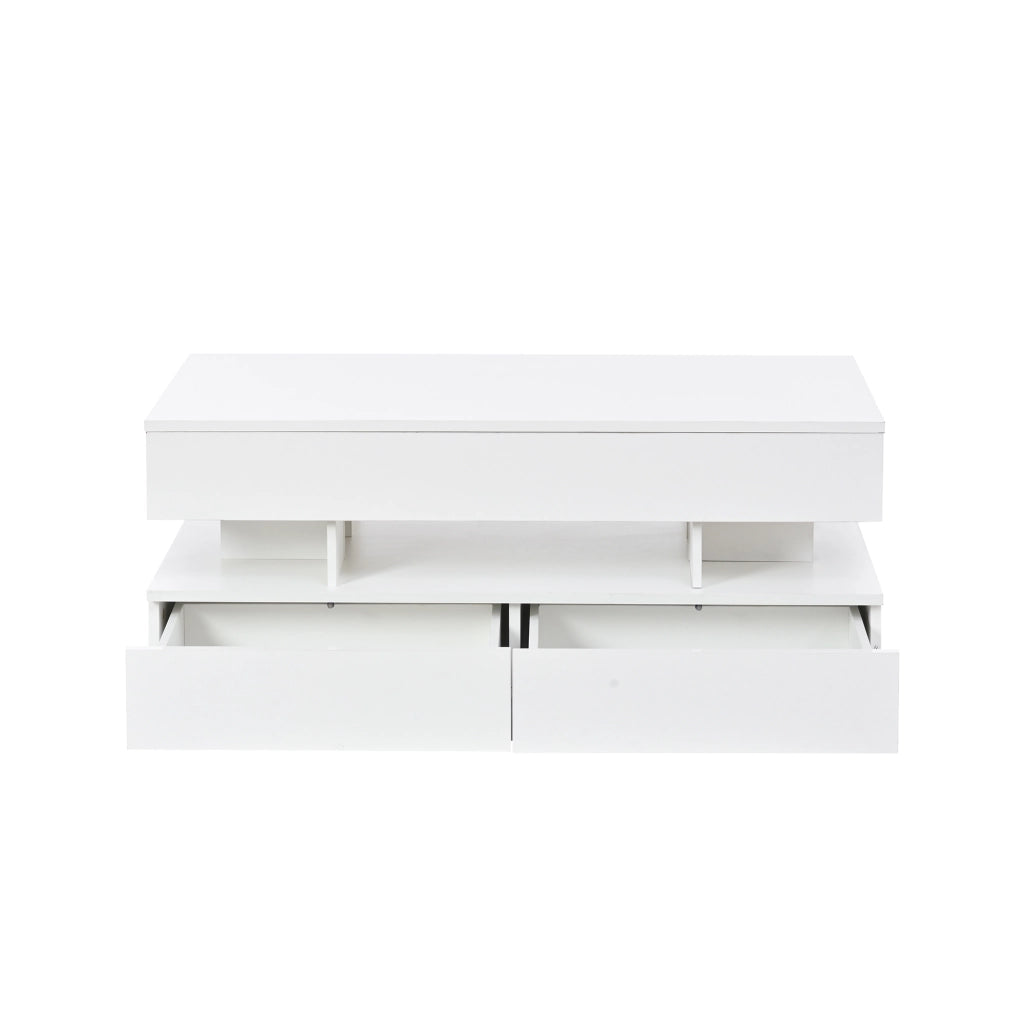 Tavolino da caffè alzabile con 2 cassetti e LED per soggiorno; 100×50×45 cm; bianco