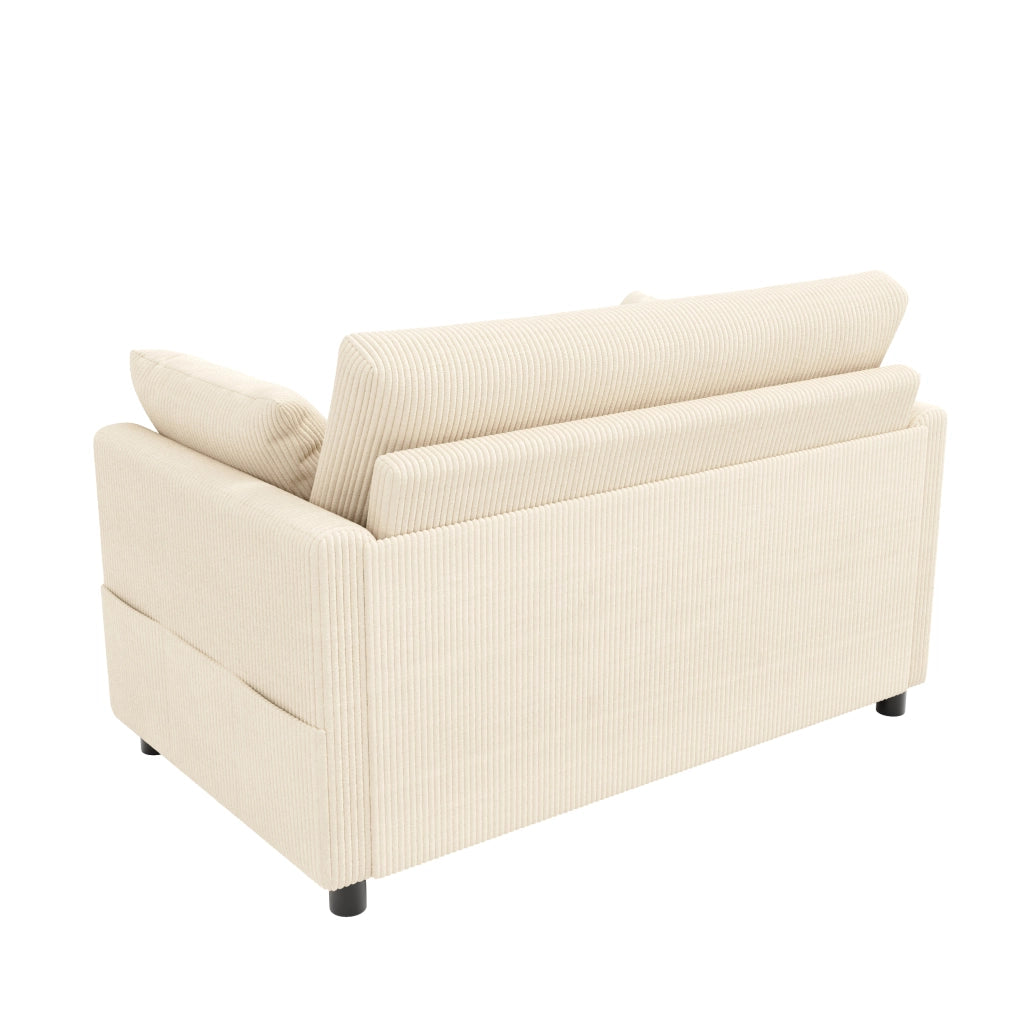 Divano letto convertibile a 2 posti in tessuto a coste con tavolino pieghevole, porte USB e tasca laterale beige