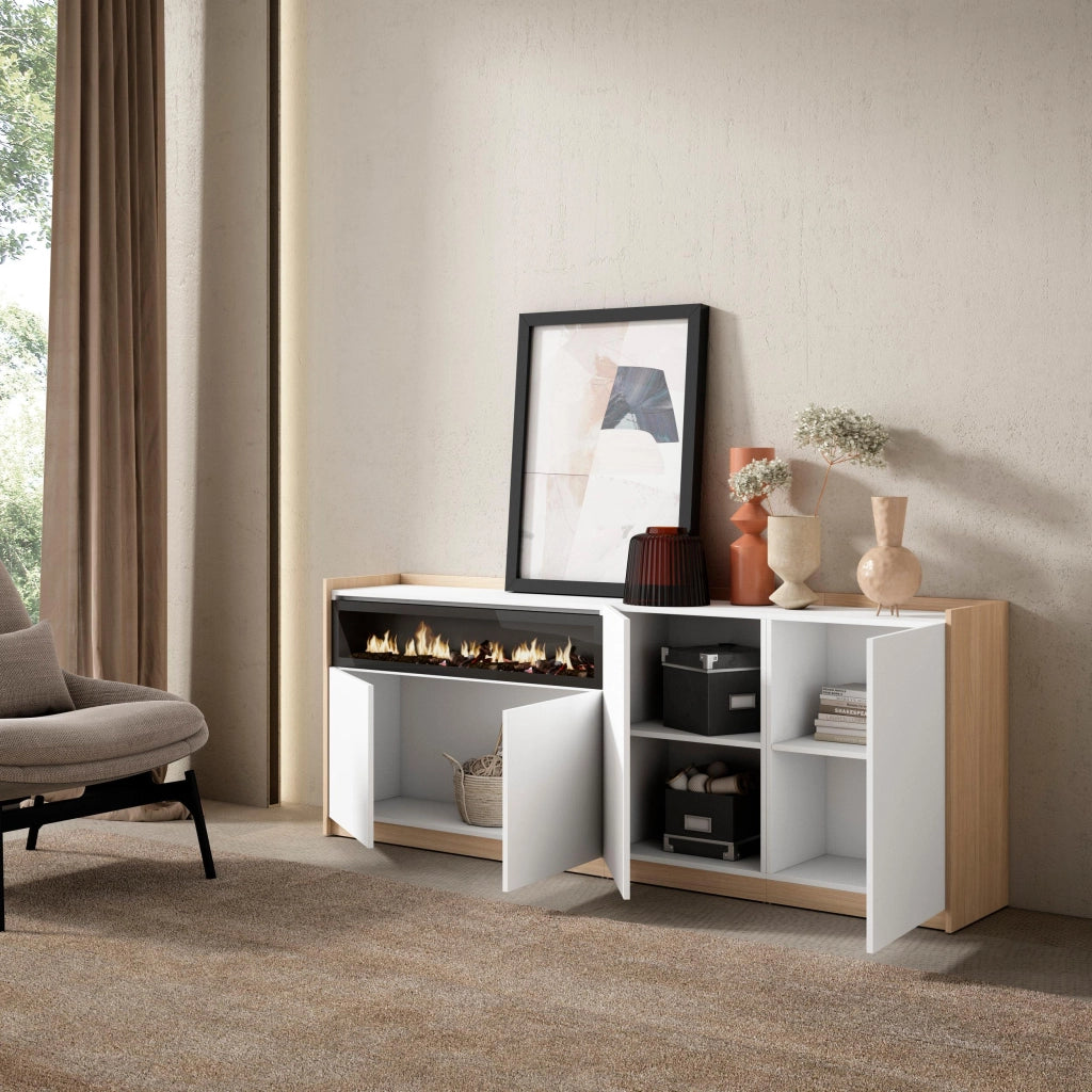 Credenza, Mobile, Cucina, 207x80x37 cm, 4 Porte, Camino elettrico, Bianco e Rovere soft