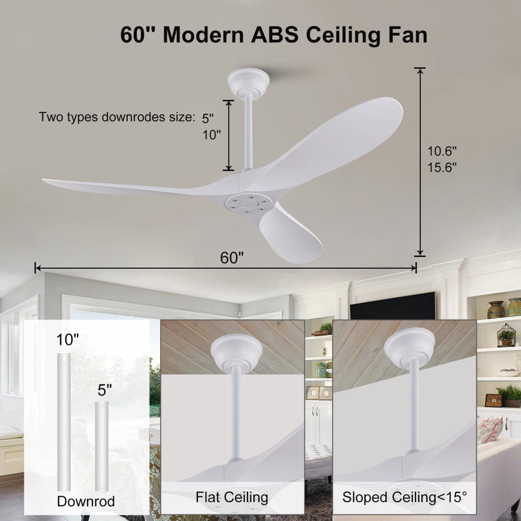 Ventilatore da soffitto bianco 60 pollici senza luce con telecomando, pale ABS, motore DC reversibile, timer, moderno per camere e terrazze