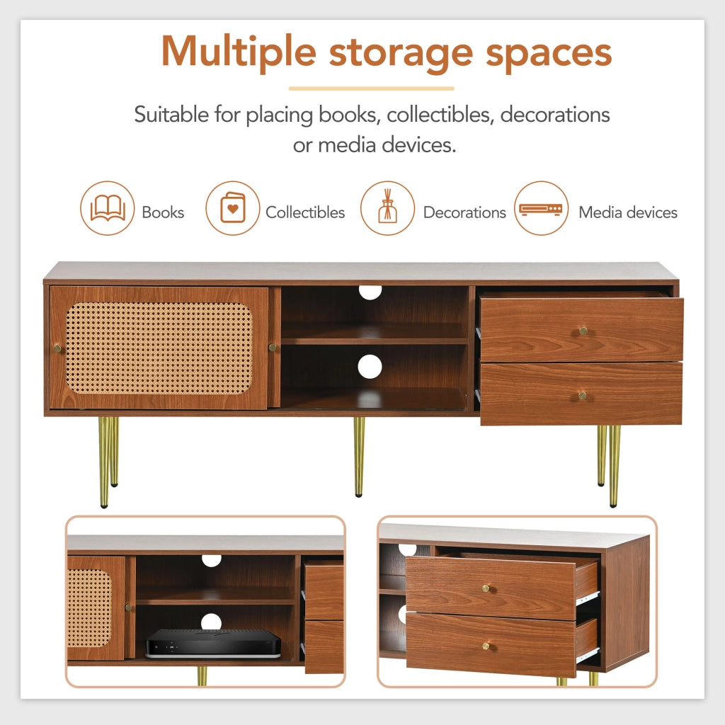 Mobile porta TV con ante scorrevoli in rattan, 2 cassetti, 4 vani e ripiani regolabili, MDF noce 160 × 40 × 60 cm