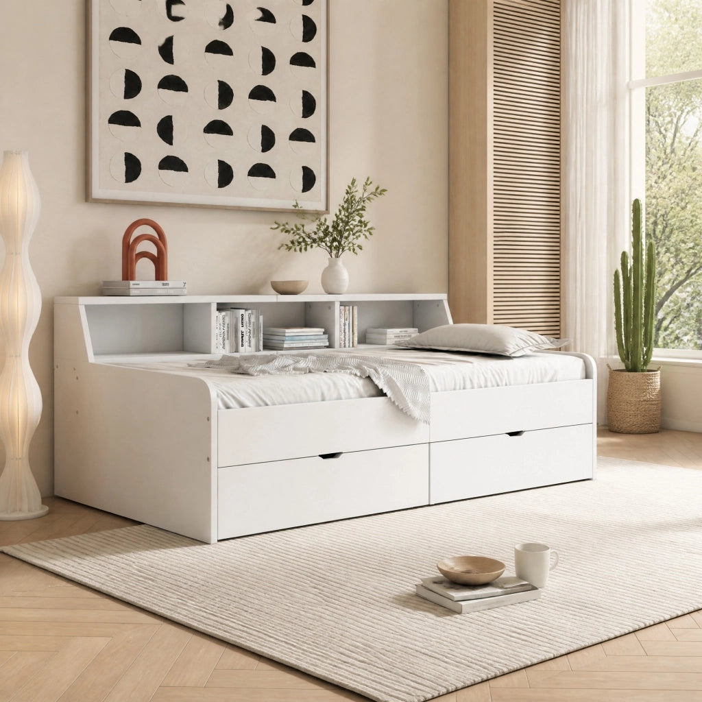 Letto da giorno 90x200 cm bianco con cassetti e vani laterali