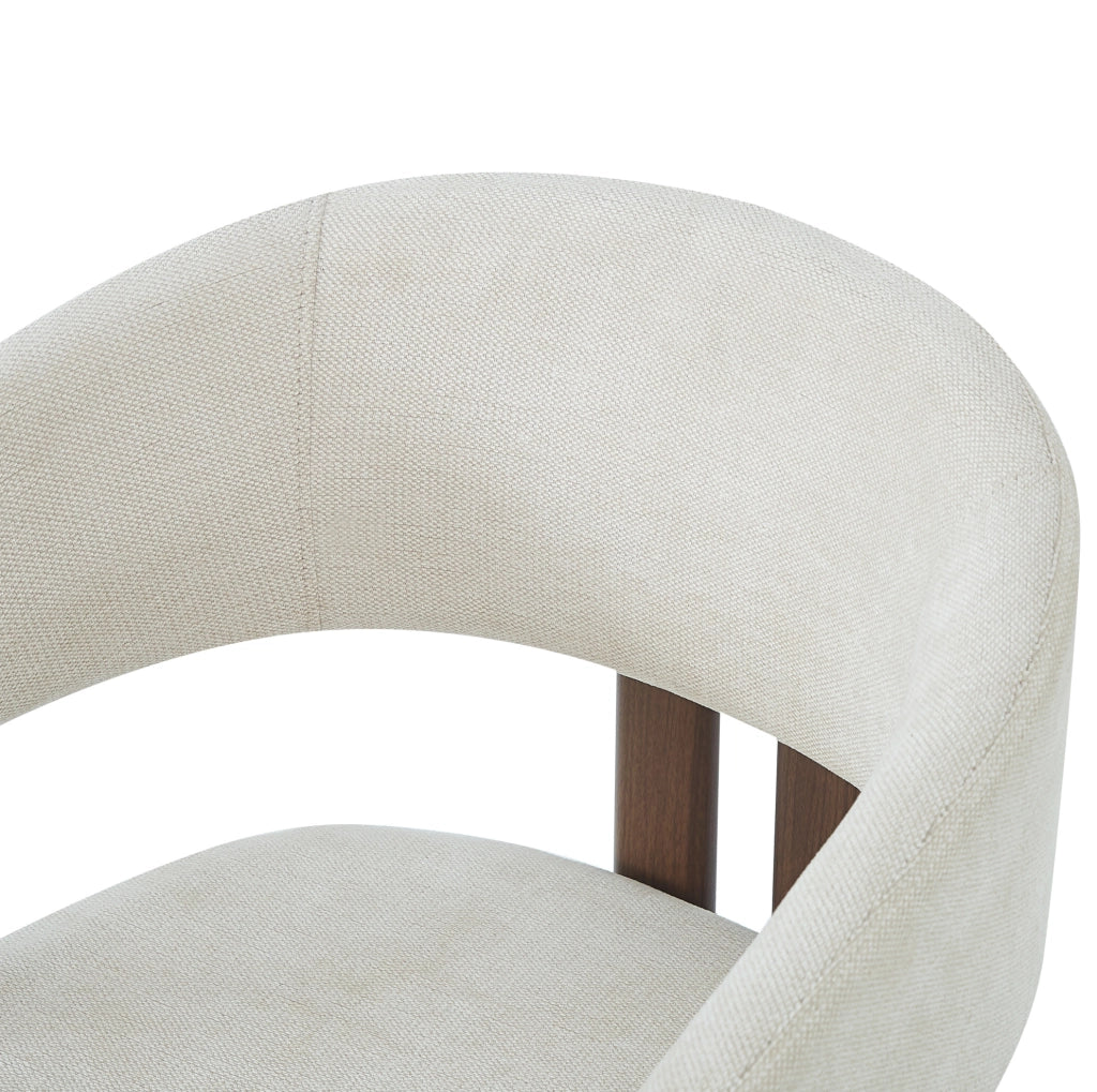 Set di 4 sedie con braccioli in lino beige e struttura effetto noce