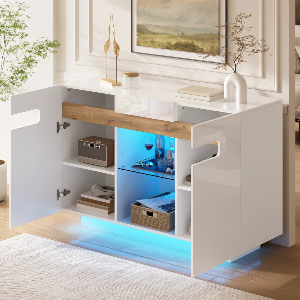 Credenza con 4 vani; 2 ripiani aperti e LED - per soggiorno - 120×40×80 cm - bianco