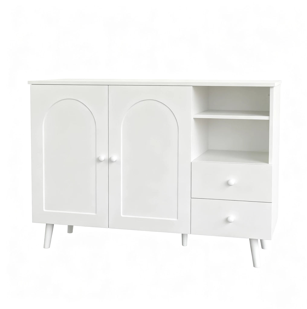 Credenza bianca con 2 ante, 2 cassetti e vani a giorno