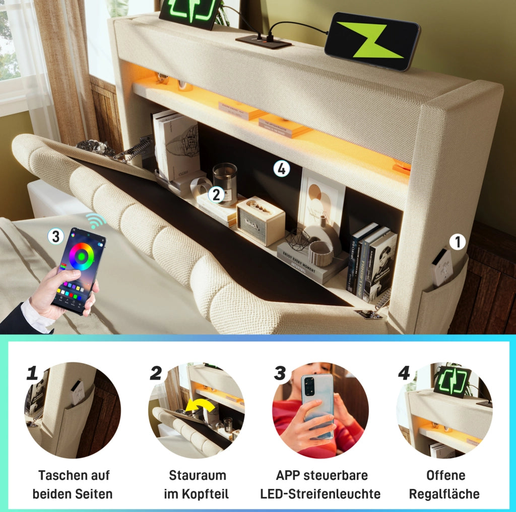 Letto singolo 90x200 cm con LED, ricarica USB-C e vano contenitore