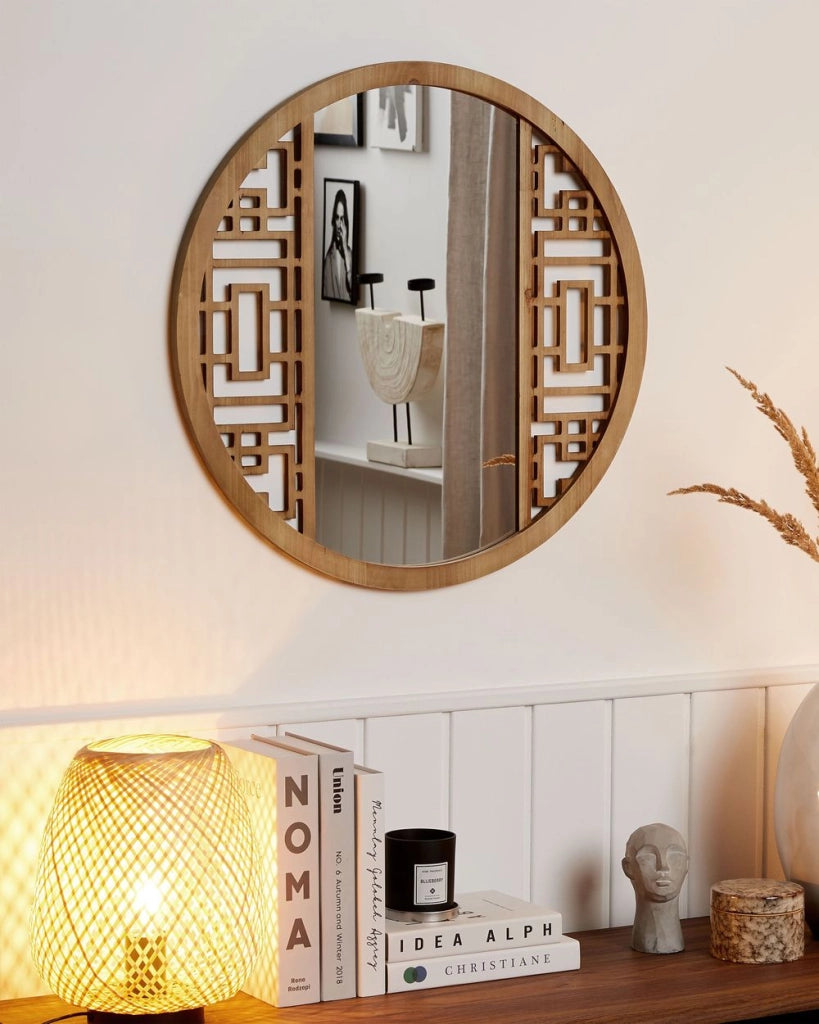 Specchio da parete in legno chiaro rotondo 60 cm con cornice in legno massello fatto a mano geometrico rustico