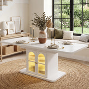 Tavolo da pranzo allungabile 150-200x80 cm con LED; per 6-8 persone; vani portaoggetti; design scandinavo; MDF bianco