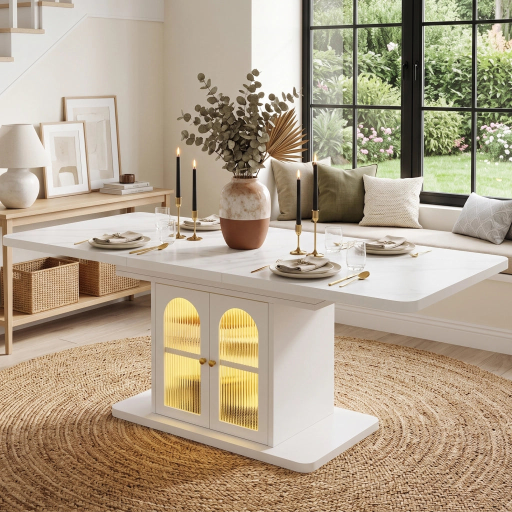 Tavolo da pranzo allungabile 150-200x80 cm con LED; per 6-8 persone; vani portaoggetti; design scandinavo; MDF bianco