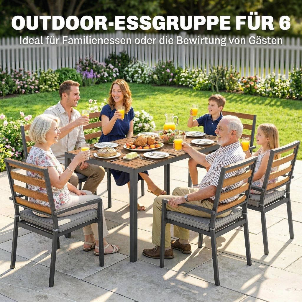 7 pezzi. Set di mobili da giardino; set da giardino con 1 tavolo da pranzo; 6 sedie; cuscini; per terrazza; legno naturale