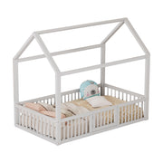 Letto a Casetta 90×200 cm; Letto Singolo con Sponde e Porticina; senza Materasso; in Pino e MDF; Bianco