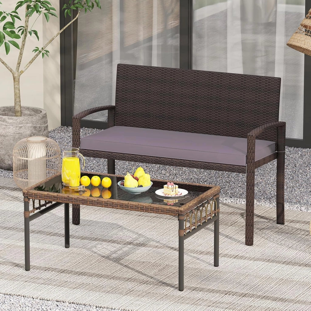 GIANTEX Panca da Giardino 2 Persone in Rattan, Panca da Esterno con Cuscino di Seduta Rimovibile, Struttura in Metallo, Carico 360 kg, Schienale e Braccioli, per Veranda, Giardino, Balcone, Terrazza