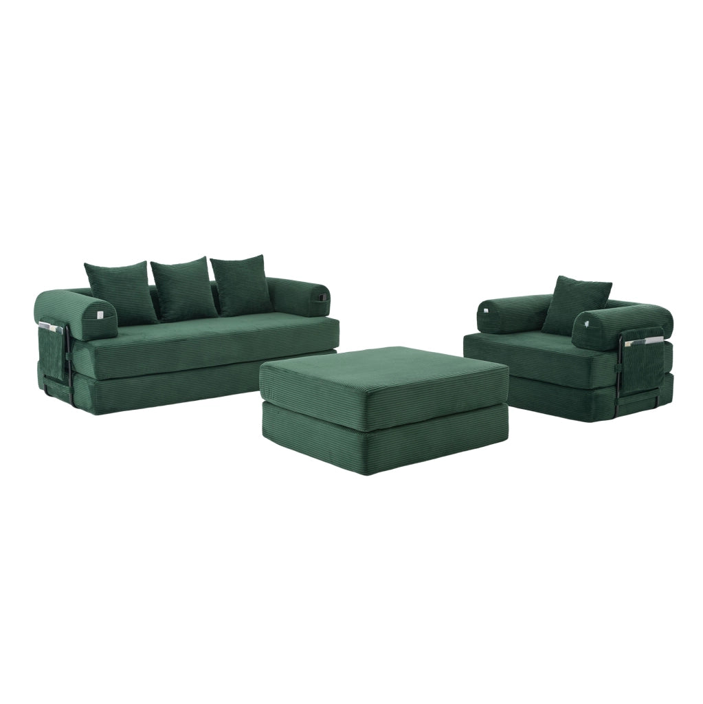 Divano modulare in corduroy verde smeraldo con pouf; 200x94x67 cm
