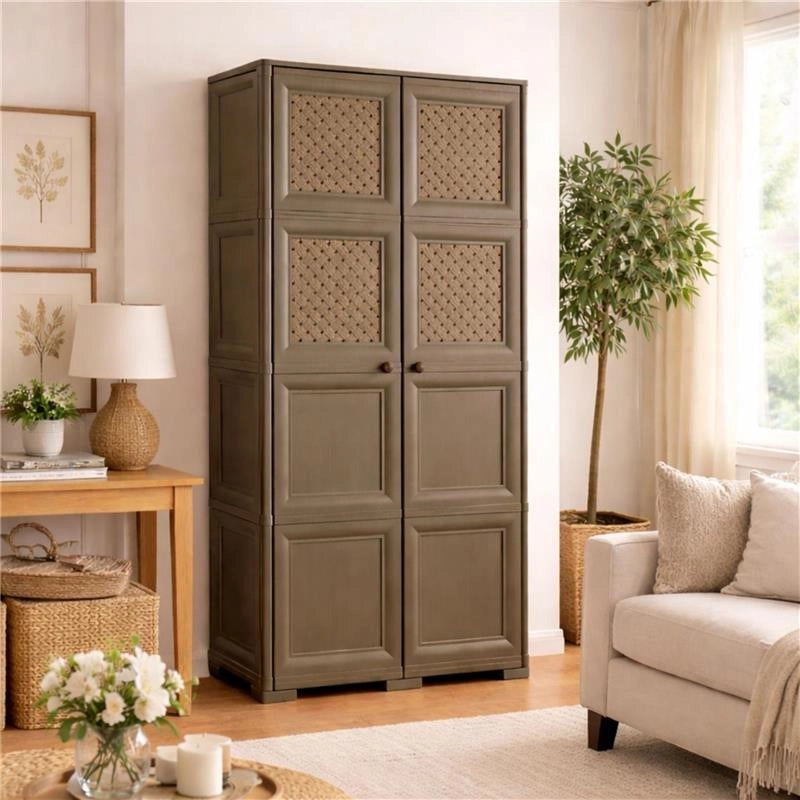 ARMADIO 4 MODULI WENGÉ 79X43X164 CM CON 4 ANTE CHIUSE E 4 TRAFORATE – MOBILE ALTO MULTIUSO PER ZONA GIORNO E BALCONE COPERTO
