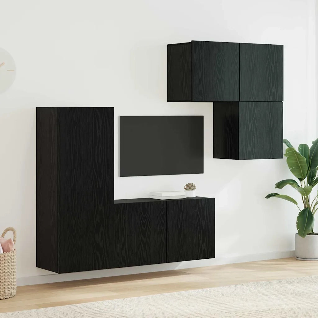 Mobile TV 4 pz-Mobile per TV-Credenza TV Rovere Nero Legno multistrato