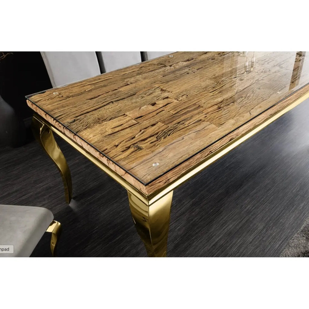 Table de salle à manger VELENA – Rectangulaire 200 cm – Bois de teck, verre et acier doré – Style baroque chic Tavolo da pranzo VELENA – Rettangolare 200 cm – Legno di teak, vetro e acciaio dorato – Stile barocco chic