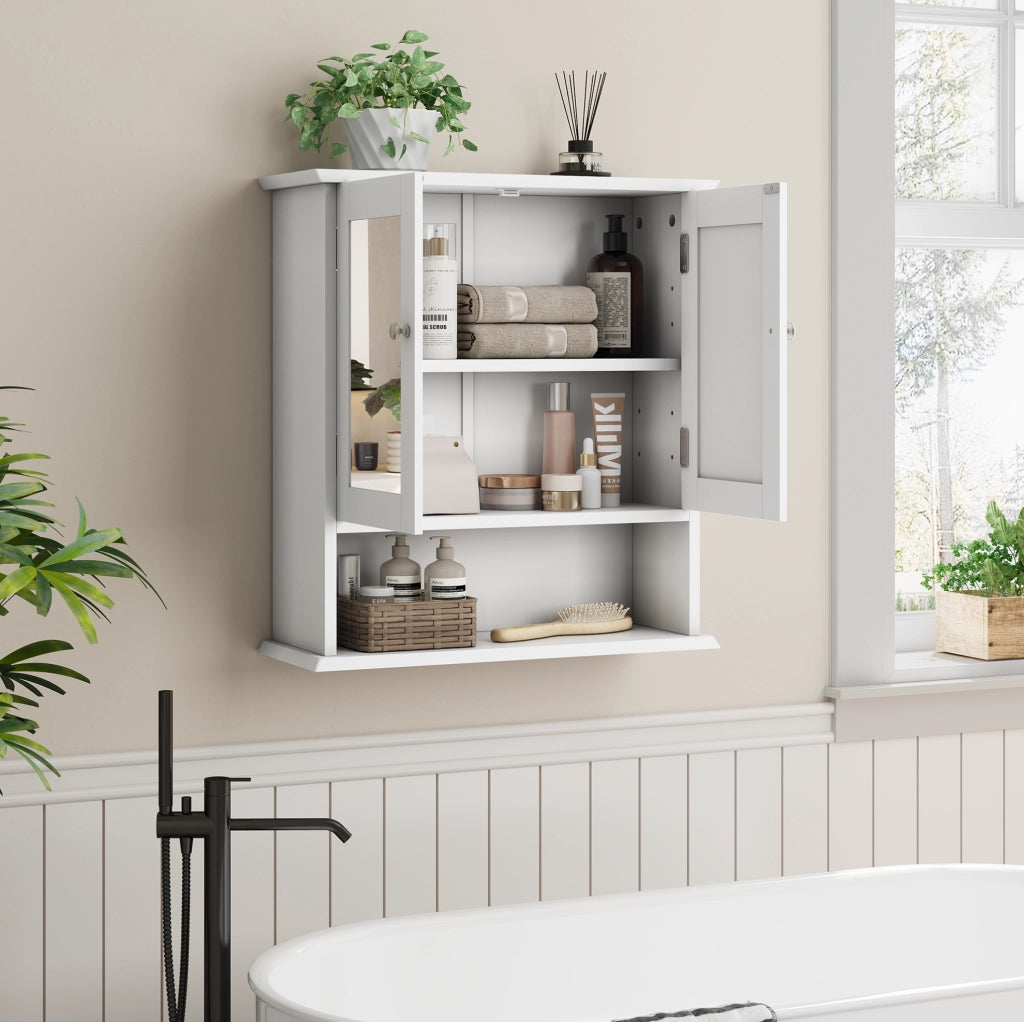 Armadietto da bagno sospeso bianco con specchio e ripiani regolabili