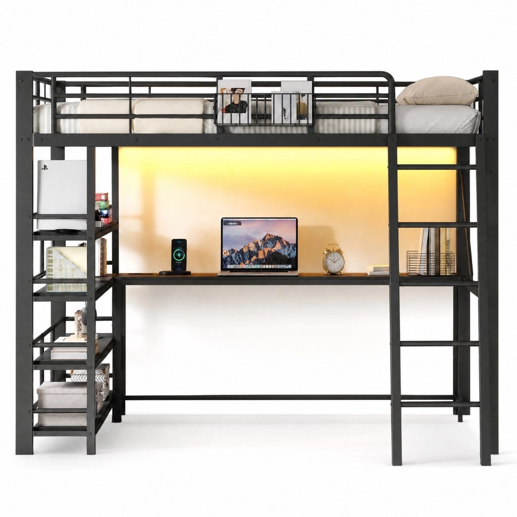 Letto a Soppalco 140x200 cm; Letto Matrimoniale - Scrivania; LED e Mensole - in Metallo e MDF - Nero