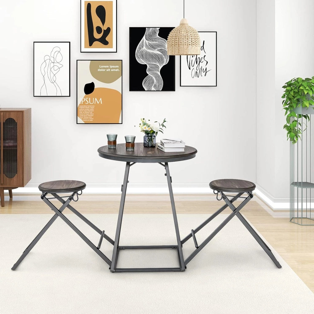 Set da 3 pezzi, Tavolo da Bar, Tavolo da Pranzo, Sgabelli Pieghevoli, Stile Industriale, Struttura Metallica,Mobili Bar, Salvaspazio