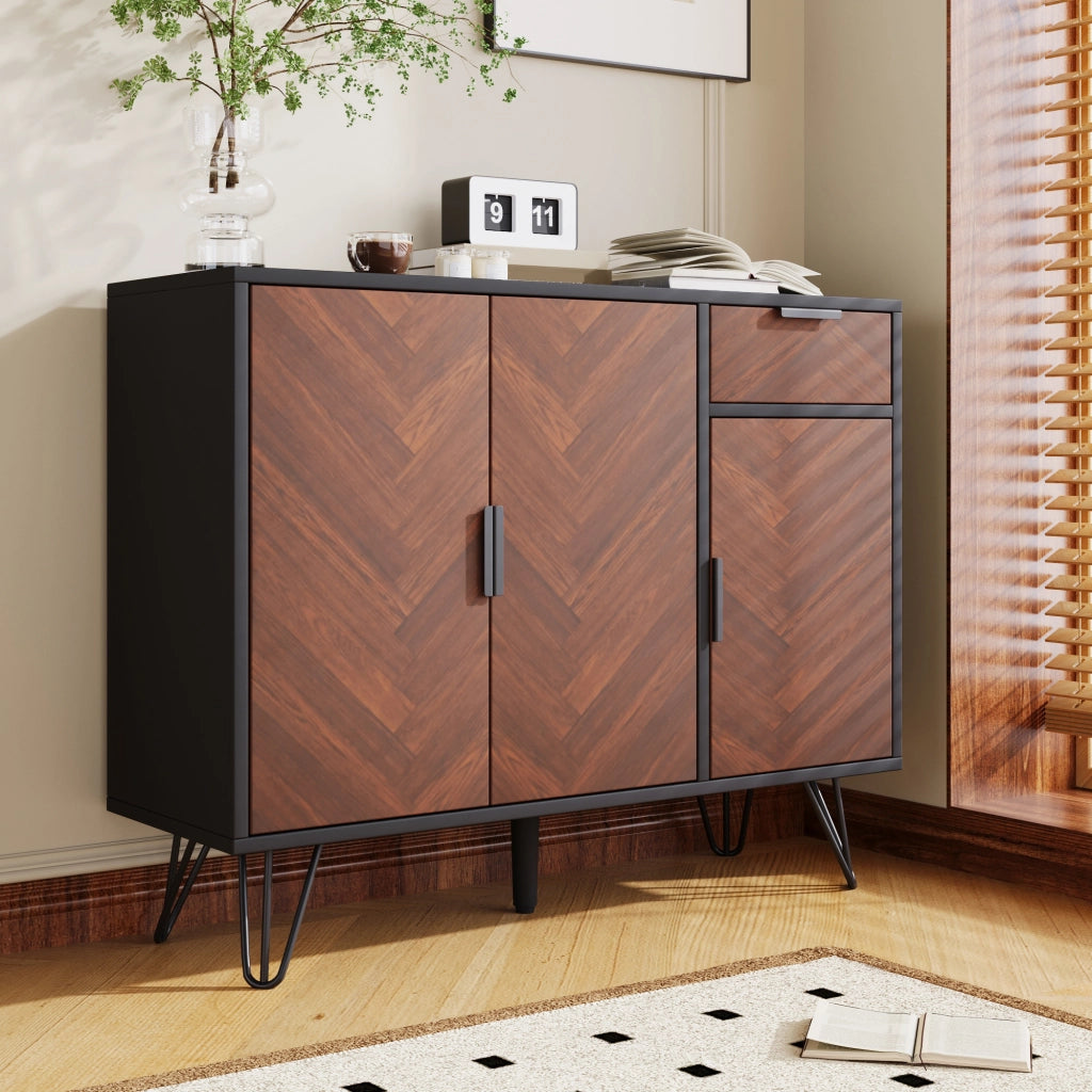 Credenza con 3 Ante e 1 Cassetto; Ripiani Regolabili in Altezza; Stile Moderno; in MDF; Nero e Legno; 90??30??71;5 cm