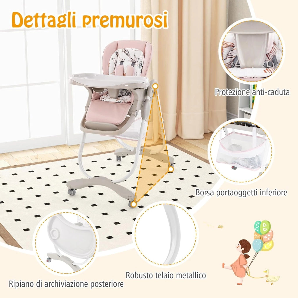 Seggiolone Pappa Bambini Pieghevole, Altezza Regolabile (Rosa) | Seggiolone Multifunzione con 4 Ruote, Poggiapiedi e Schienale, Vassoio Rimovibile, per 6-36 Mesi, Fino a 15 kg