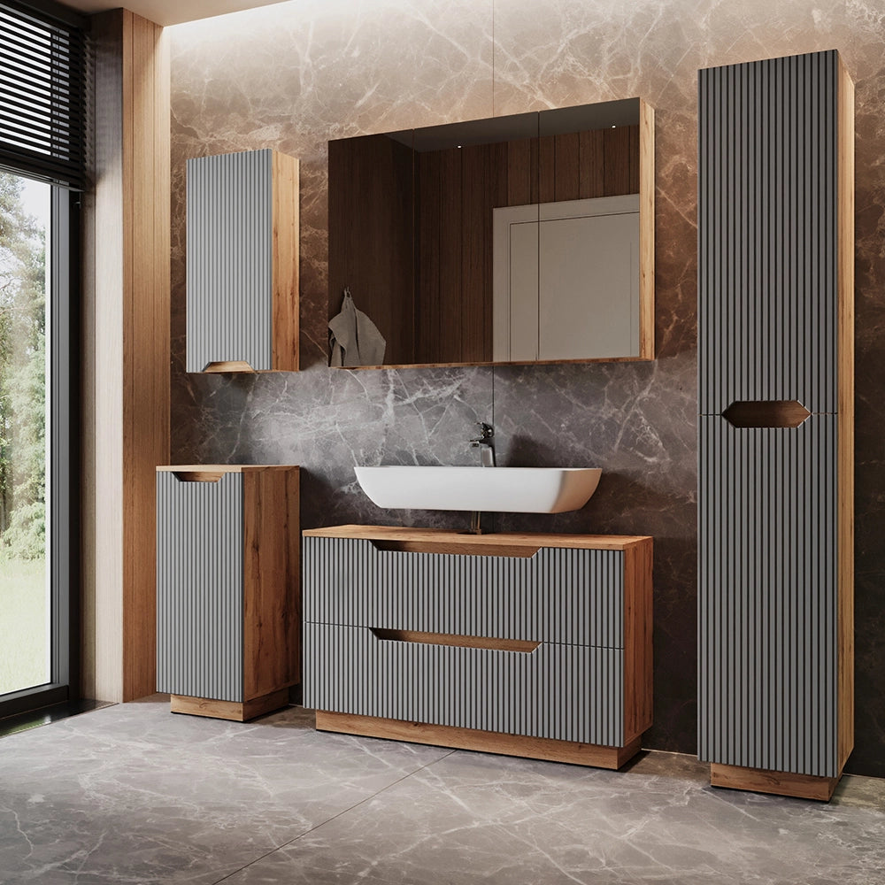 Vicco Set di mobili da bagno Rovere/grigio a righe 5 parti