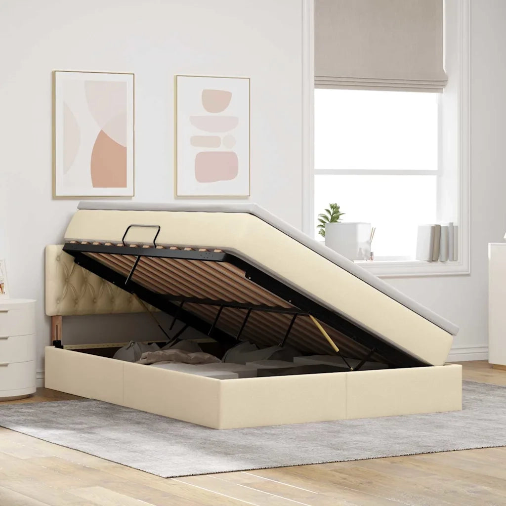 Letto con contenitore e LED con led Crema 140 x 200 cm Tessuto 3371215