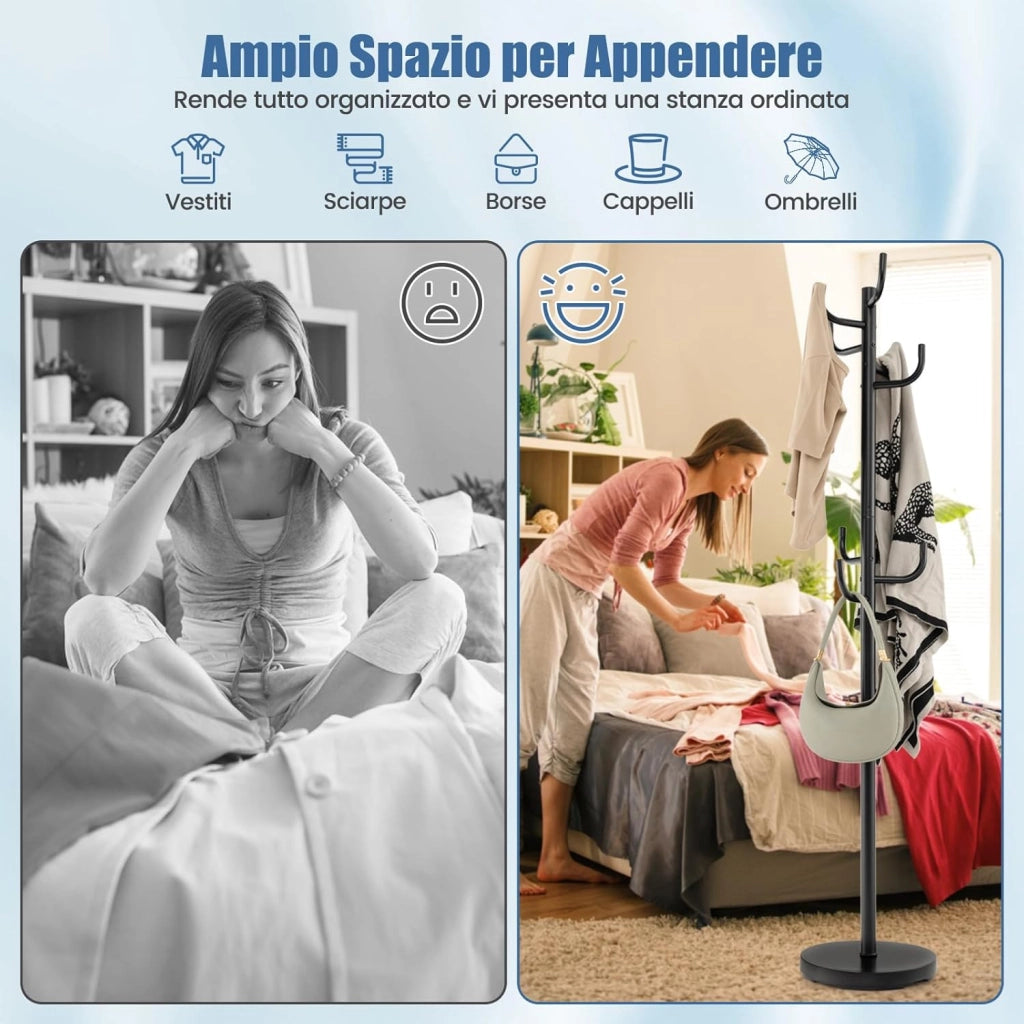 Attaccapanni in Metallo, Attaccapanni da Terra con 8 Ganci Robusti e Base Resistente, per Vestiti Borse Cappelli, 33,5 x 175 cm