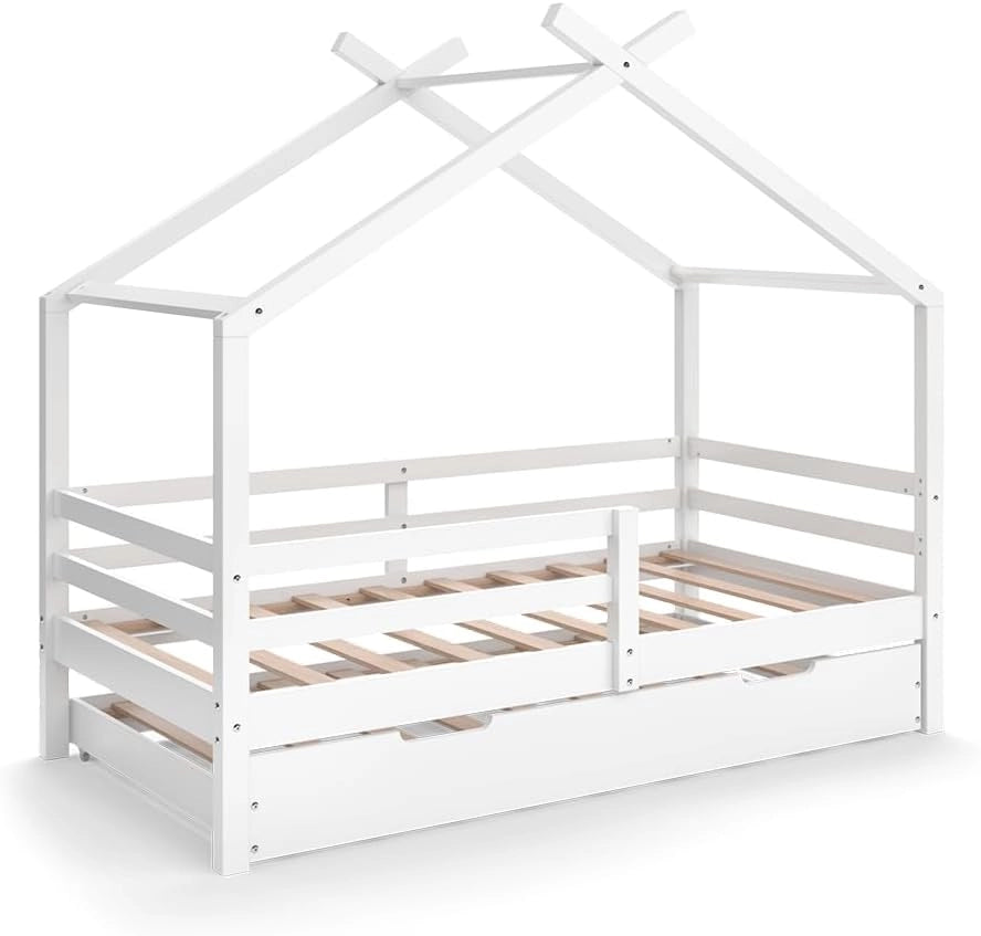 Letto montessori bambini Luni, Bianco, 160 x 80 cm con letto ospite estraibile, come una piccola casa per un'atmosfera calda