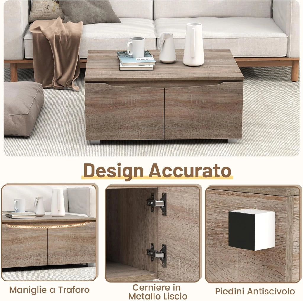 Tavolino da Salotto con Spazio di Stoccaggio Ampio, Apertura a Doppio Lato, Tavolino da Caffè con 4 Ante e Piedini Antiscivolo, Tavolo Basso in Legno per Soggiorno, Studio e Ufficio