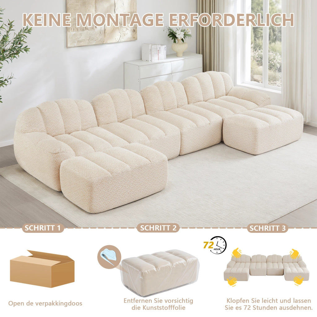 Divano angolare modulare 4 posti con ottomani e seduta ampia per soggiorno in pile granulato beige bianco