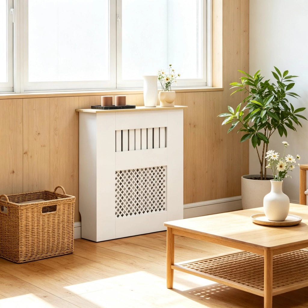 Copriradiatore bianco 78x19x81 cm, design moderno con lamelle e motivo a nido d'ape per termosifoni