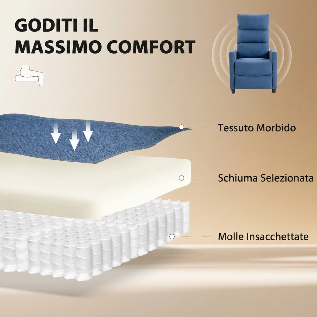 Poltrona Massaggiante e Reclinabile a 160° con Poggiapiedi e Telecomando, 66x91x108 cm, in Ciniglia Blu Scuro