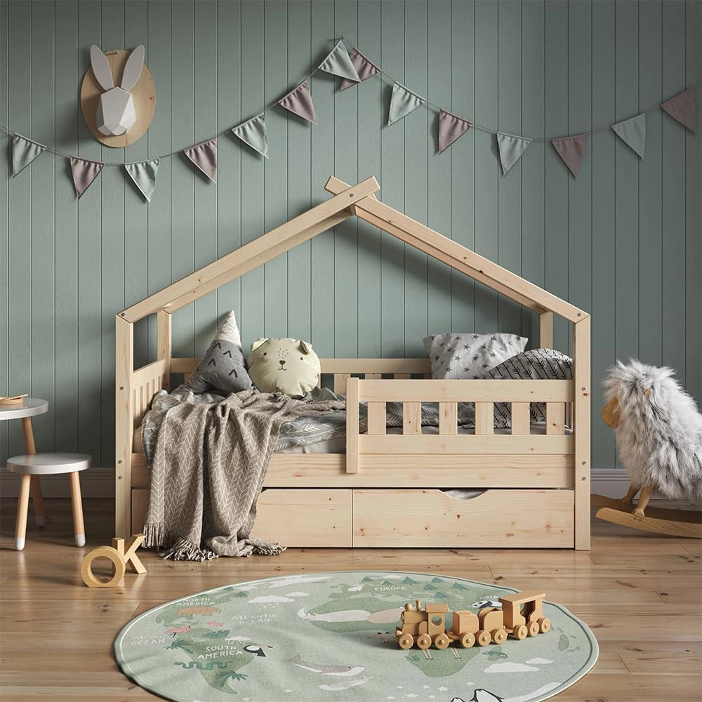 Letto montessori bambini Design, Legno naturale, 80x160 cm con letto per ospiti e materasso, adatto come area giochi e zona notte per bambini