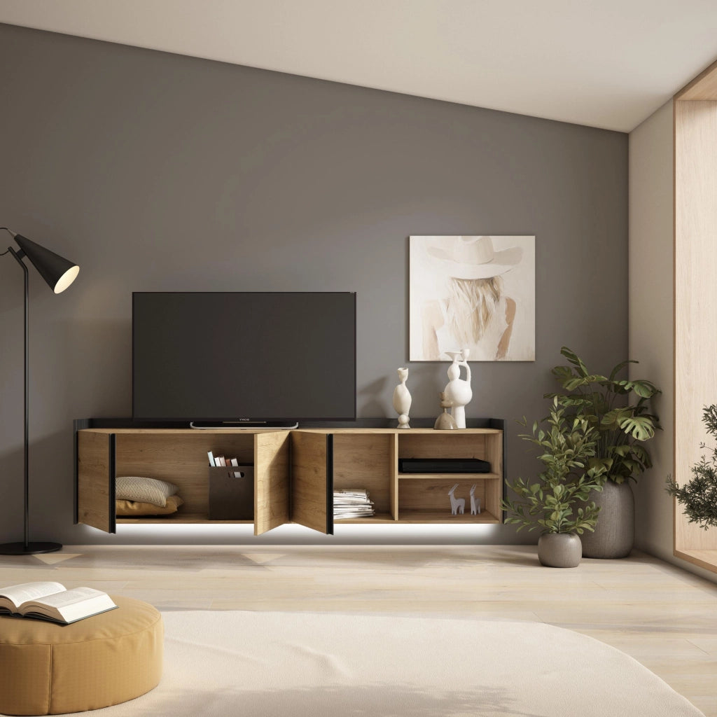 Mobile TV Soggiorno, 207x50x35 cm, Per TV fino a 80", Sospeso, da appendere, LED, Rovere e nero
