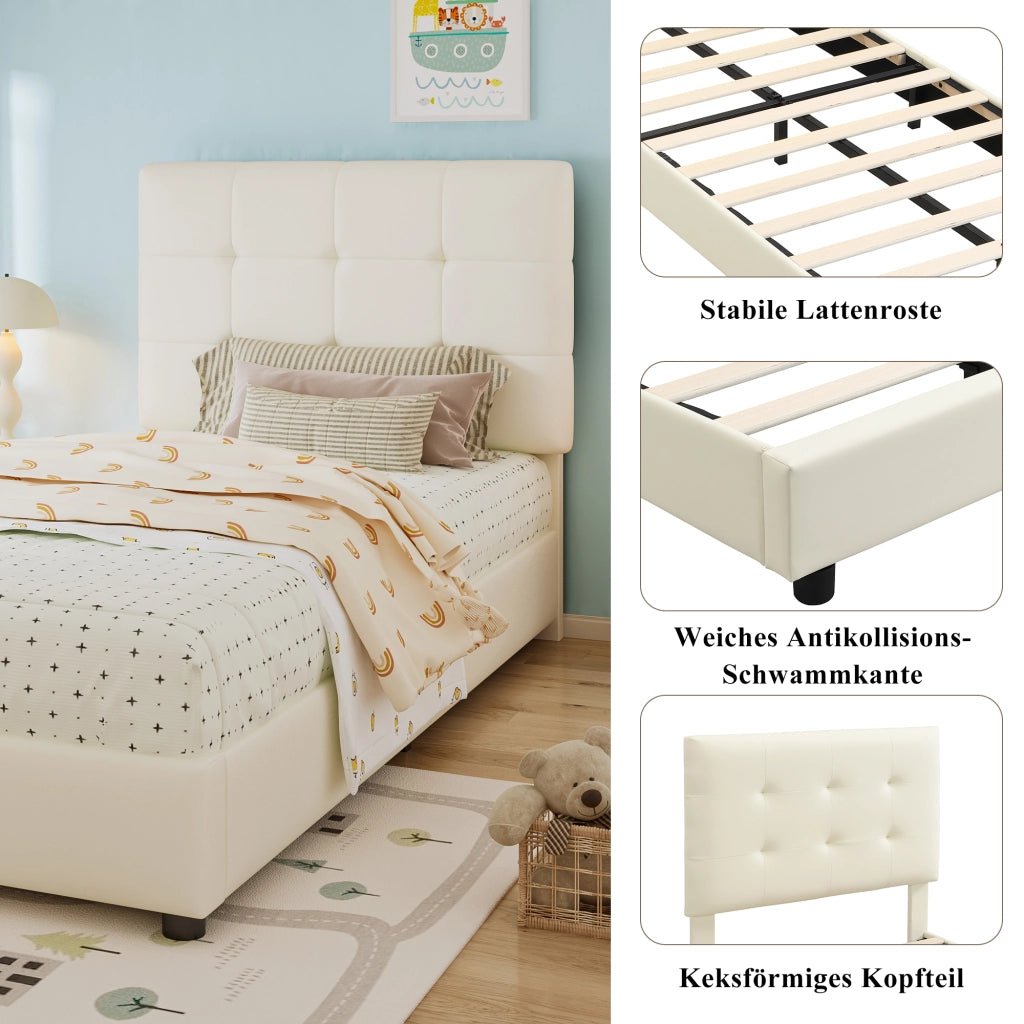 Letto per Bambini 90x200 cm; Letto Singolo - Testiera Imbottita e Bordi Antiurto - Beige