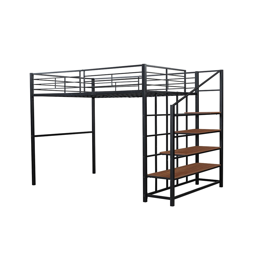 Letto a soppalco 140x200 cm - Xylo - Robusto in metallo con scala e spazio di archiviazione, Nero