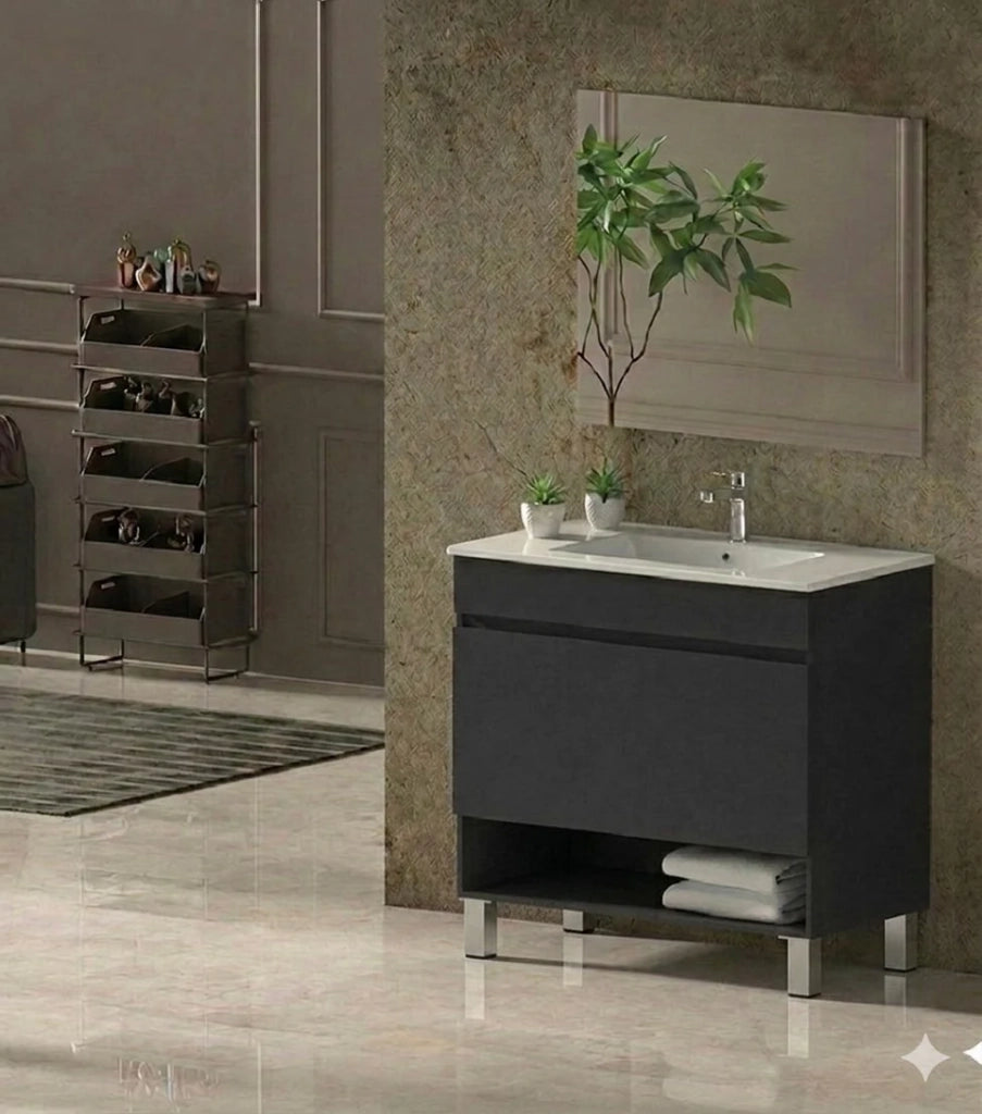 Mobile Bagno NEBARI com gambe Già Montato 1 cassetto, lavabo e specchio Grafite 120x45 cm 1 lavabo