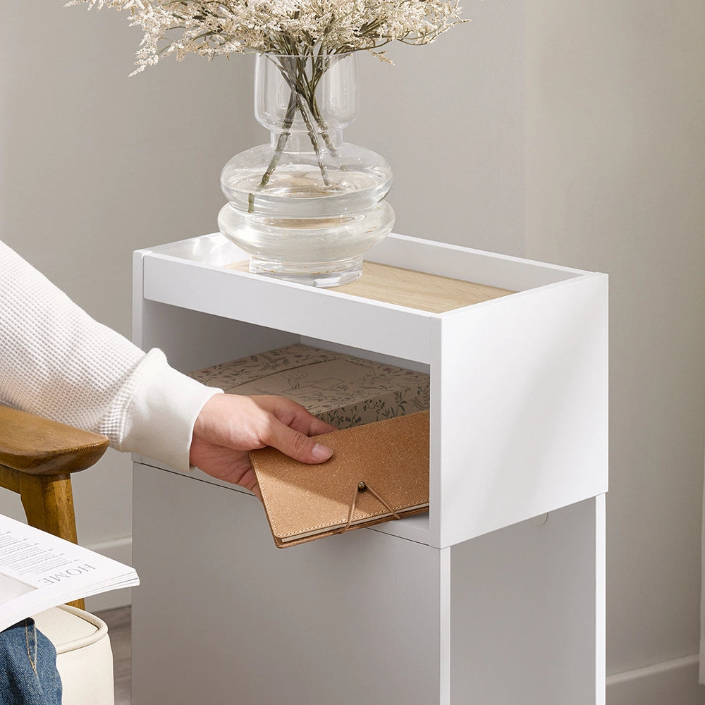 SoBuy FBT171-WN Comodino Camera da Letto Stretto, Tavolino Stretto con Cassetto e Ripiano, Comodino Moderno per Camera da Letto e Soggiorno, Bianco, 20 x 35 x 60 cm
