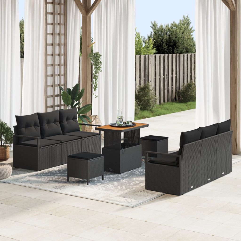 Set di divani da giardino 9 pezzi con cuscini neri in polyrattan e acacia