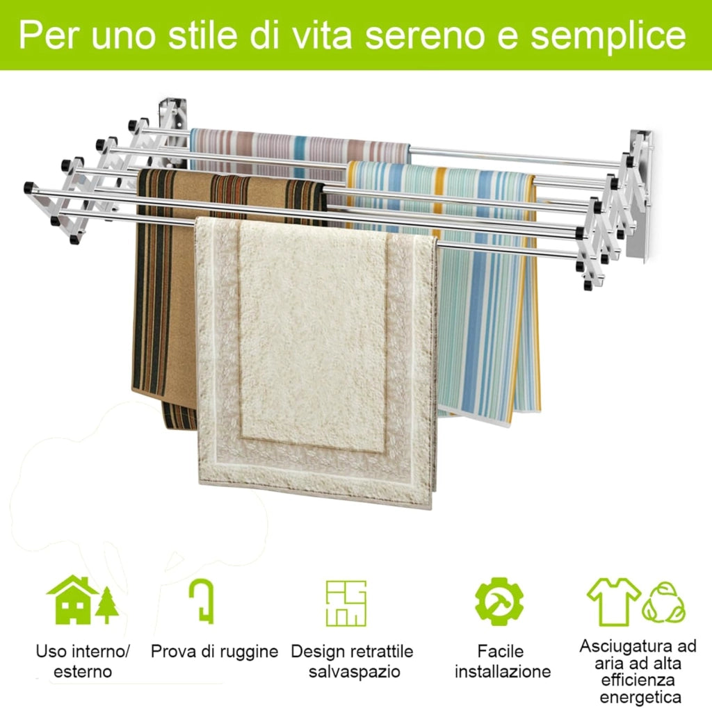 Stendibiancheria da Parete, Stendibiancheria Estensibile in Acciaio Inox con 8 Barre, Stendibiancheria Salvaspazio per Lavanderia Bagno e Balcone, 86x64x22 cm