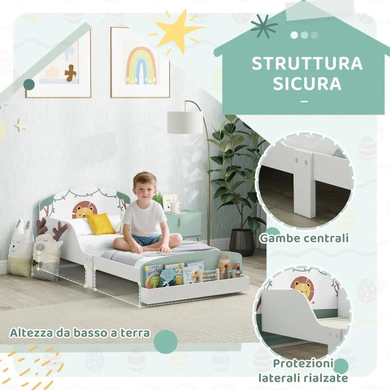 LETTO PER BAMBINI 3-8 ANNI BASSO IN LEGNO CON SPAZIO CONTENITORE E SPONDE LATERALI, 150X77X60 CM, VERDE