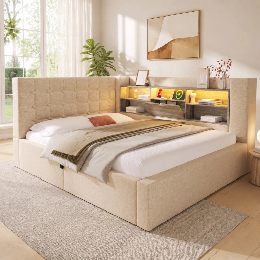 Letto matrimoniale 140x190 cm beige con LED, ricarica USB-C e vano contenitore