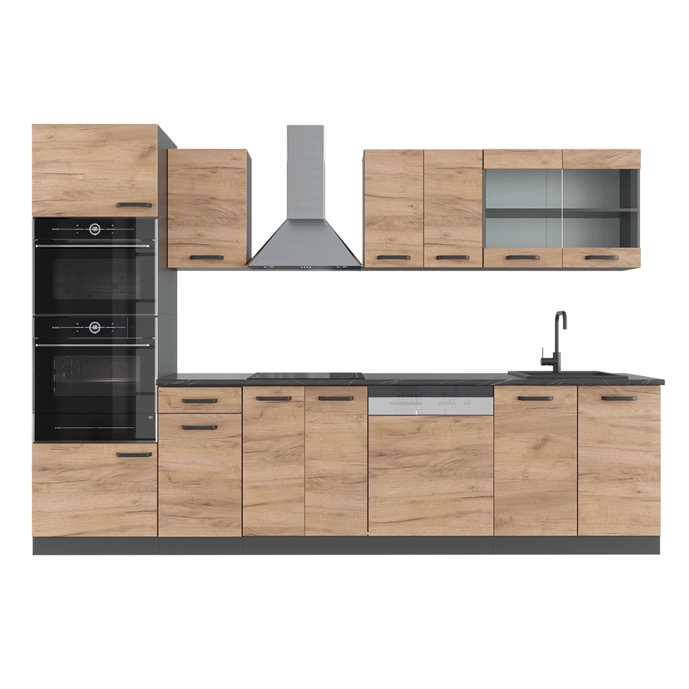 Vicco Cucina componibile Quercia dorata/antracite 300 cm con armadio alto, senza piano di lavoro