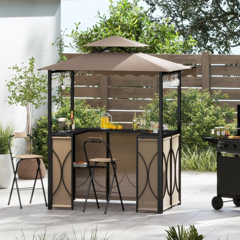 Set da giardino BBQ all'aperto 3 pezzi con tavolo bar e 2 sgabelli bar pieghevoli, Gazebo per grill con tettoia piscina Marrone-Accessori per barbecue