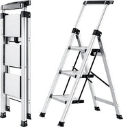 Scala Portatile con Barra di Sostegno e Cassetto per Strumenti - Impianto di Salita in Alluminio - Antiscivolo - Ripiegabile - Leggero - Portatile - Capacità di Carico fino a 150 kg - 3 Gradini