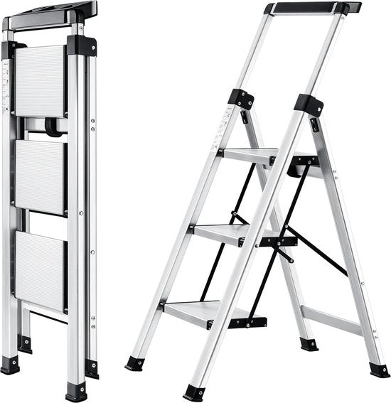 Scala Portatile con Barra di Sostegno e Cassetto per Strumenti - Impianto di Salita in Alluminio - Antiscivolo - Ripiegabile - Leggero - Portatile - Capacità di Carico fino a 150 kg - 3 Gradini